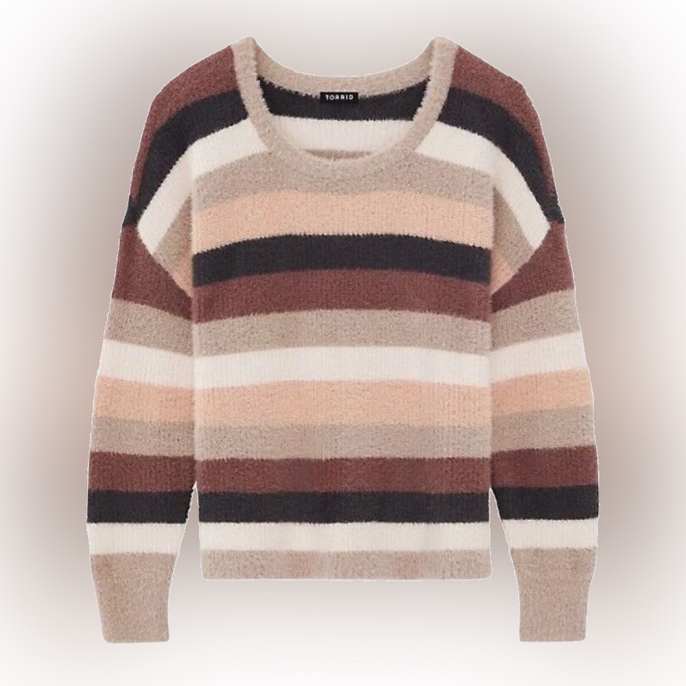 Stripe Drop Shoulder Fuzzy Yarn Crop Sweater